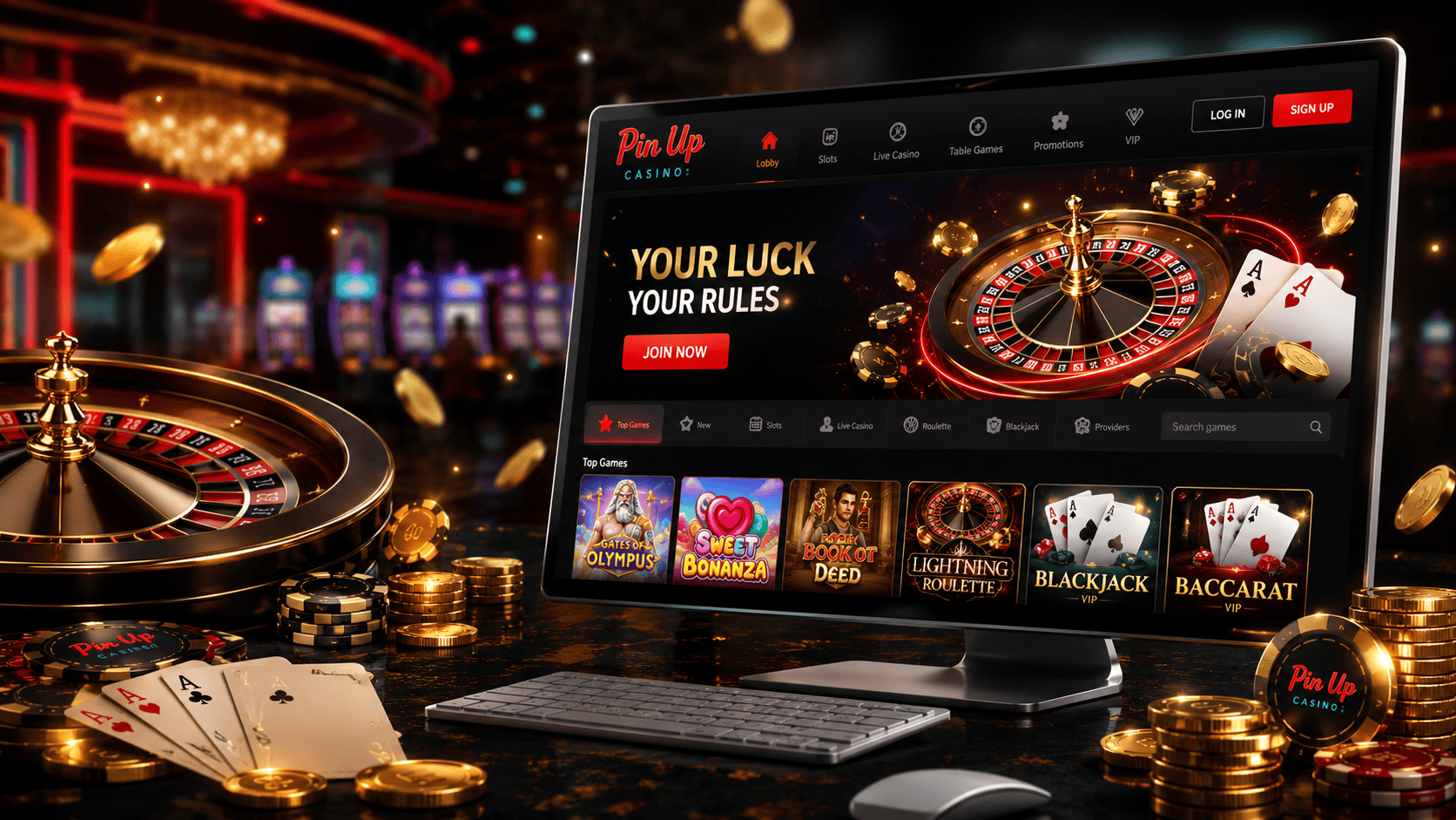 Pin Up Casino əsas səhifəsinin masaüstü görünüşü